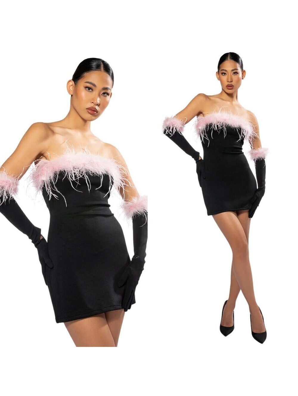 NWT AKIRA Holly Feather Strapless Bodycon Mini Dress with Gloves M Black Pink